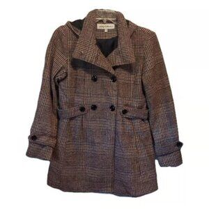 Sebby Collection Brown & Black Plaid Wool Coat with Hood